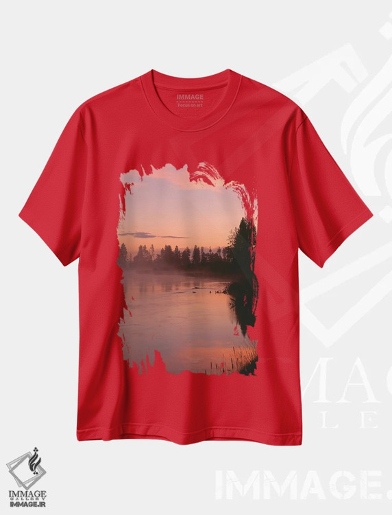 تیشرت قرمز طرح دار Oregon, Deschutes National Forest. Fog hovers above the Deschutes River at sunrise." اثر جان بارگر