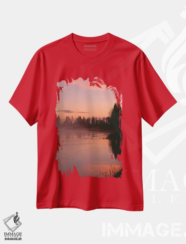 تیشرت قرمز طرح دار Oregon, Deschutes National Forest. Fog hovers above the Deschutes River at sunrise." اثر جان بارگر