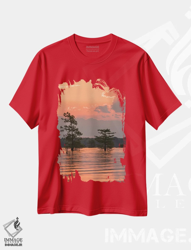 تیشرت قرمز طرح دار Louisiana, Atchafalaya National Wildlife Refuge. Sunrise on swamp.,آمریکا، لوئیزیانا، پناهگاه ملی حیات وحش آچافالایا. طلوع خورشید بر تالاب اثر جینز گالری