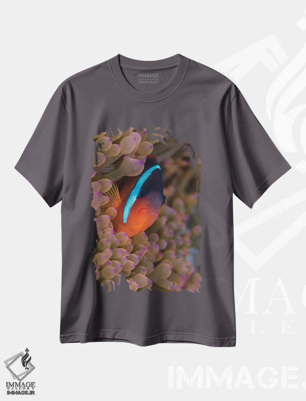 تیشرت طوسی طرح دار فیجی. ماهی دلقک پنهان شده میان شقایق های دریایی اثر جینز گالری