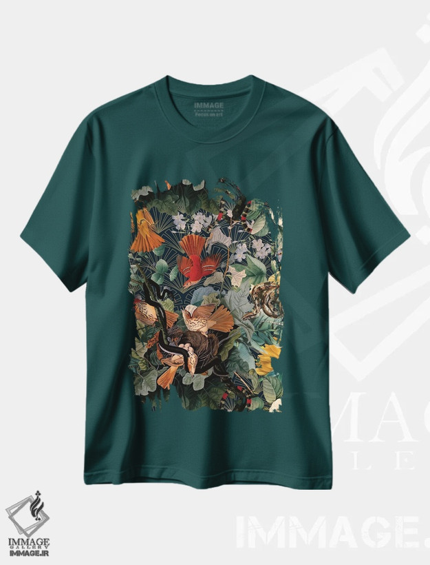 تیشرت سبز طرح دار پرندگان و مارها اثر برجو کورکماز یورک