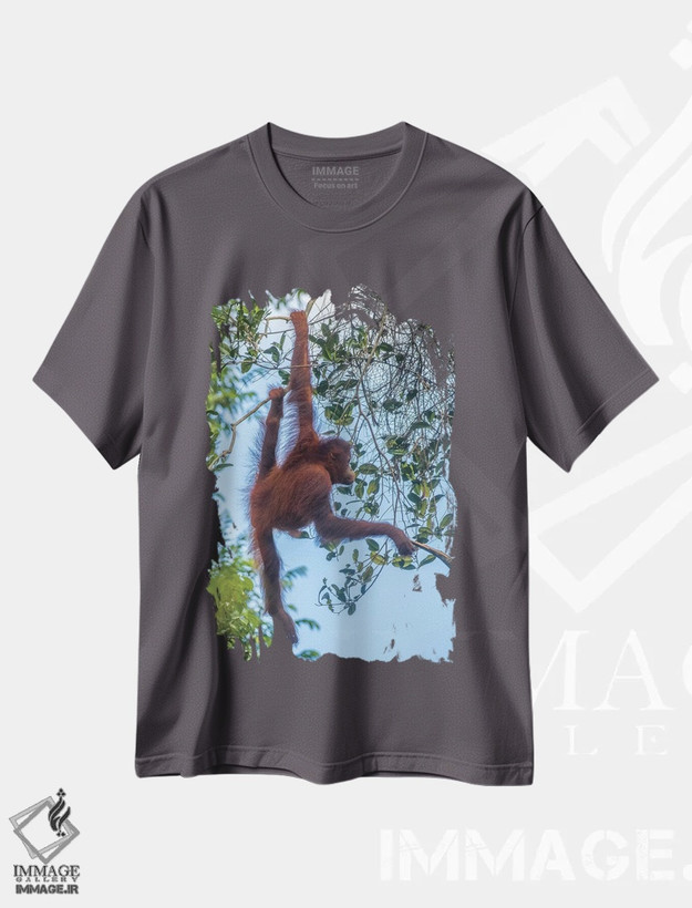 تیشرت طوسی طرح دار Borneo, Kalimantan. Female orangutan at Tanjung Puting National Park II,اندونزی، بورنئو، کالیمانتان. اورانگوتان ماده در پارک ملی تانجونگ پوتینگ II اثر جینز گالری