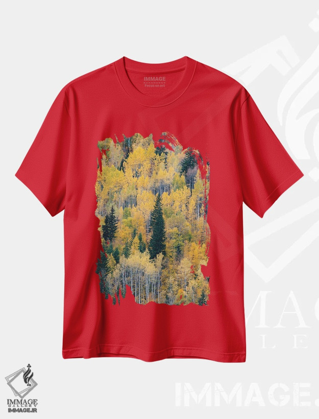 تیشرت قرمز طرح دار British Columbia. Autumn aspen and pines, Wells-Gray Provincial Park.,کانادا، بریتیش کلمبیا. درختان تبریزی و کاج پاییزی، پارک استانی ولز گری اثر جودیت زیمرمن