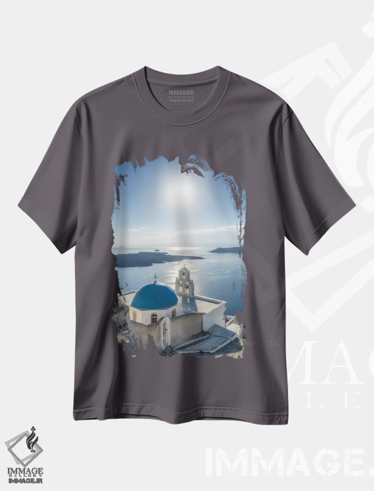تیشرت طوسی طرح دار Firostefani, Santorini, Greece,سه ناقوس کلیسای فیرا در تابستان، فیروستفانی، سانتورینی، یونان اثر یان بکه