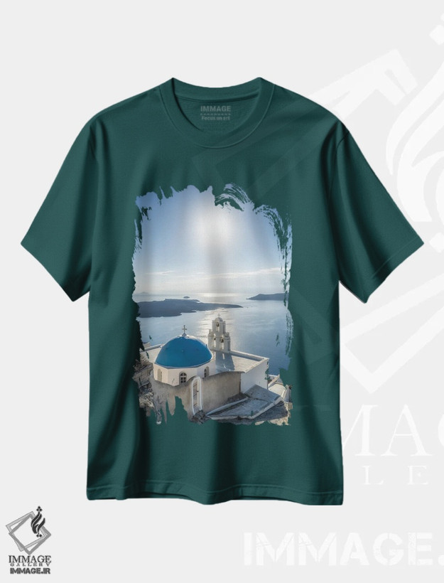 تیشرت سبز طرح دار Firostefani, Santorini, Greece,سه ناقوس کلیسای فیرا در تابستان، فیروستفانی، سانتورینی، یونان اثر یان بکه