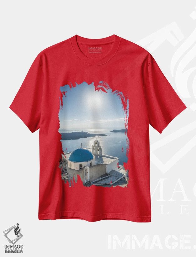 تیشرت قرمز طرح دار Firostefani, Santorini, Greece,سه ناقوس کلیسای فیرا در تابستان، فیروستفانی، سانتورینی، یونان اثر یان بکه