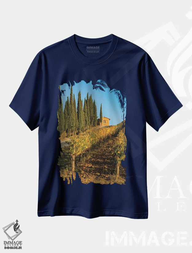 تیشرت سرمه ای طرح دار Tuscany. Vineyard, Pine Trees,ایتالیا، توسکانی، تاکستان، درختان کاج اثر جورج تئودور