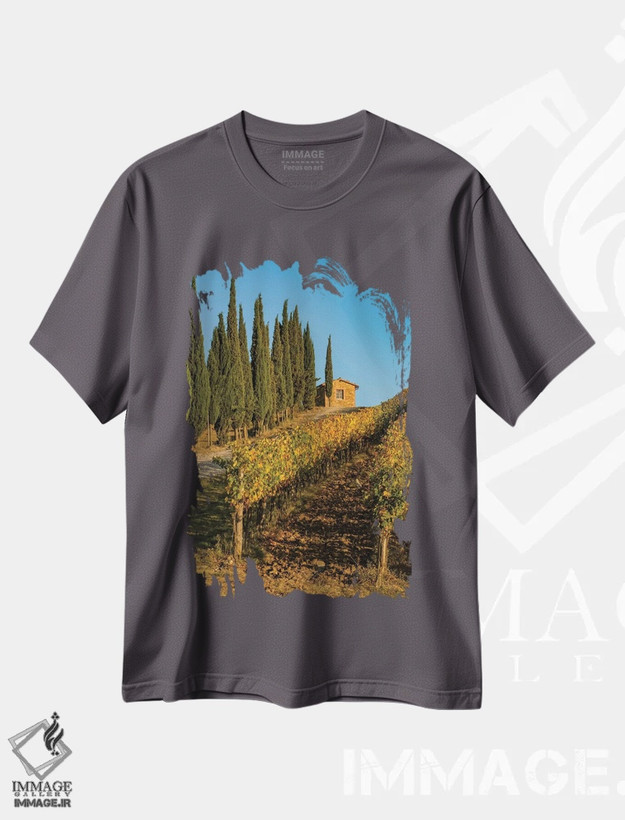 تیشرت طوسی طرح دار Tuscany. Vineyard, Pine Trees,ایتالیا، توسکانی، تاکستان، درختان کاج اثر جورج تئودور