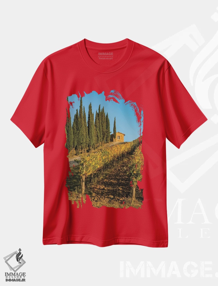 تیشرت قرمز طرح دار Tuscany. Vineyard, Pine Trees,ایتالیا، توسکانی، تاکستان، درختان کاج اثر جورج تئودور