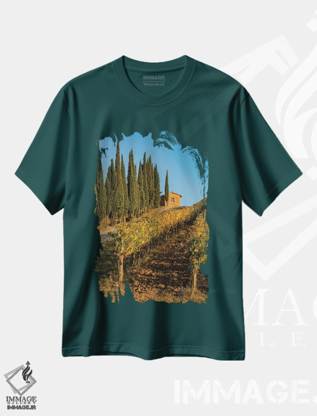 تیشرت سبز طرح دار Tuscany. Vineyard, Pine Trees,ایتالیا، توسکانی، تاکستان، درختان کاج اثر جورج تئودور