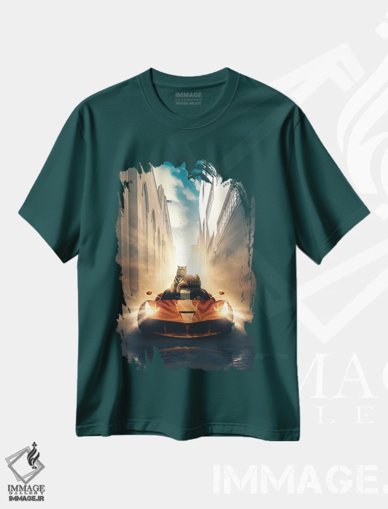 تیشرت سبز طرح دار گربه مقلد اثر آدام کازینز