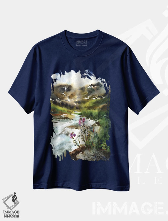 تیشرت سرمه ای طرح دار رود کوهستانی اثر هوم لایک آرت