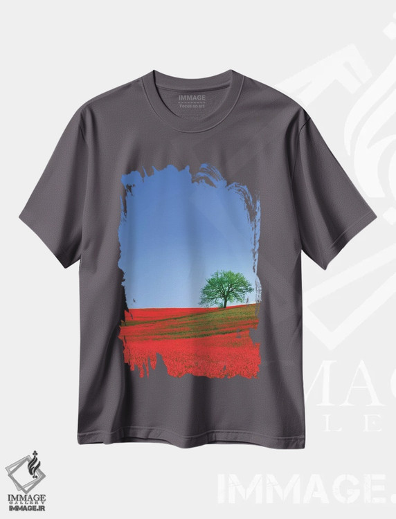 تیشرت طوسی طرح دار Tuscany. Abstract of oak tree on red flower-covered hillside I,ایتالیا، توسکانی. انتزاعی از درخت بلوط بر دامنه ای با گل های قرمز اثر جینز گالری