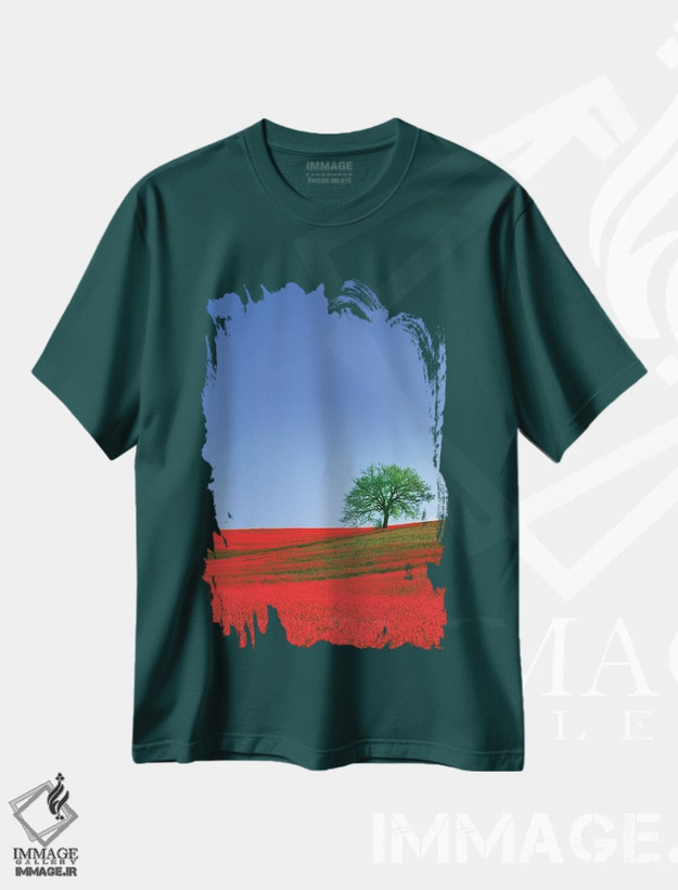 تیشرت سبز طرح دار Tuscany. Abstract of oak tree on red flower-covered hillside I,ایتالیا، توسکانی. انتزاعی از درخت بلوط بر دامنه ای با گل های قرمز اثر جینز گالری