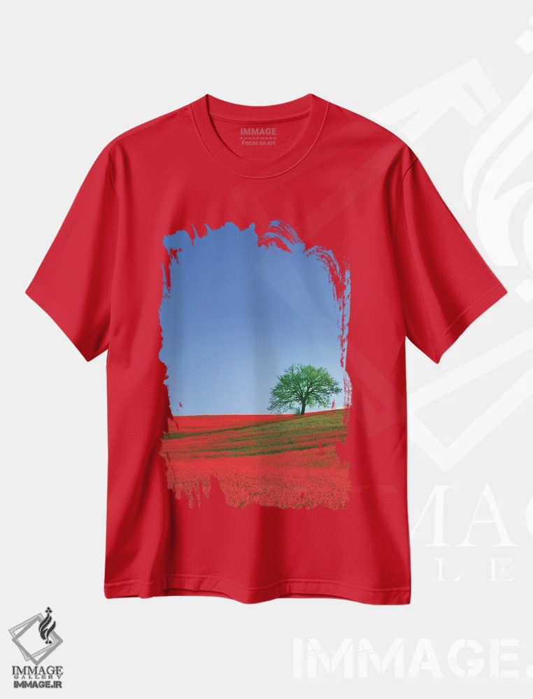 تیشرت قرمز طرح دار Tuscany. Abstract of oak tree on red flower-covered hillside I,ایتالیا، توسکانی. انتزاعی از درخت بلوط بر دامنه ای با گل های قرمز اثر جینز گالری