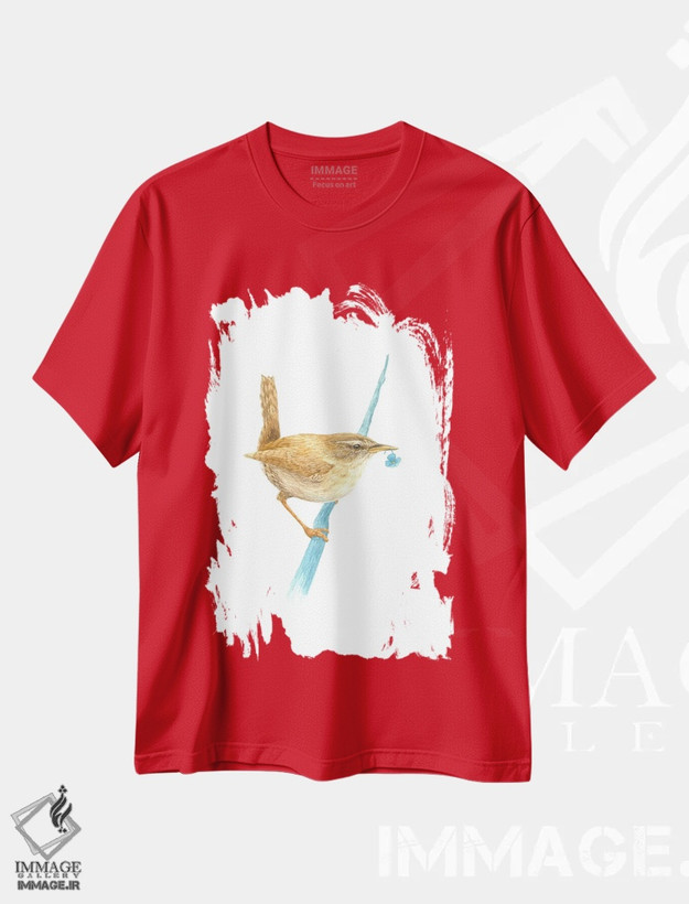 تیشرت قرمز طرح دار فنچ اوراسیایی با گل پلاستیکی اثر کارینا دانیلچوک
