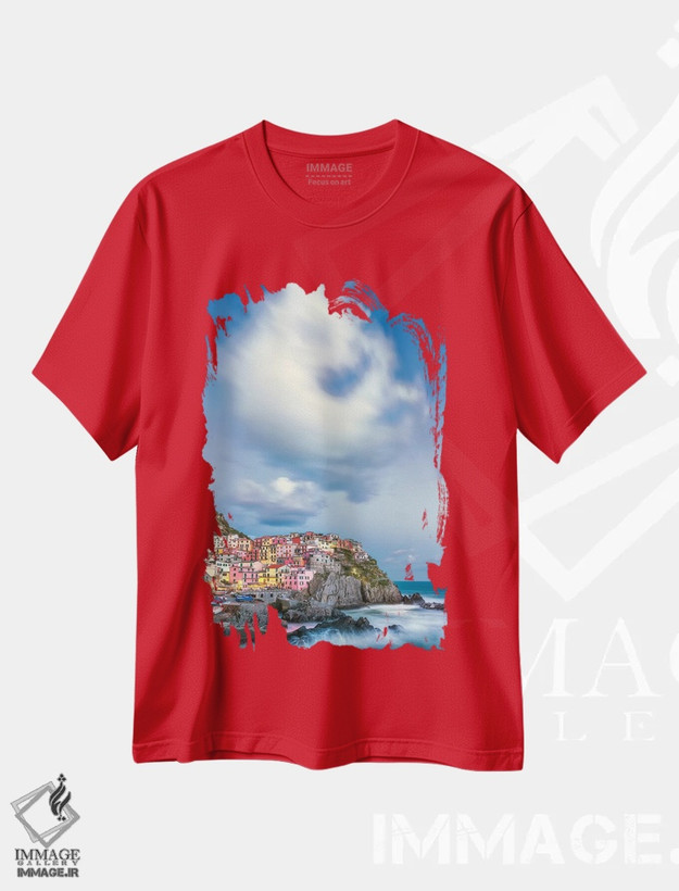 تیشرت قرمز طرح دار Manarola. Cloud over coastal town.,ایتالیا، مانارولا. ابر بالای شهر ساحلی اثر جینز گالری
