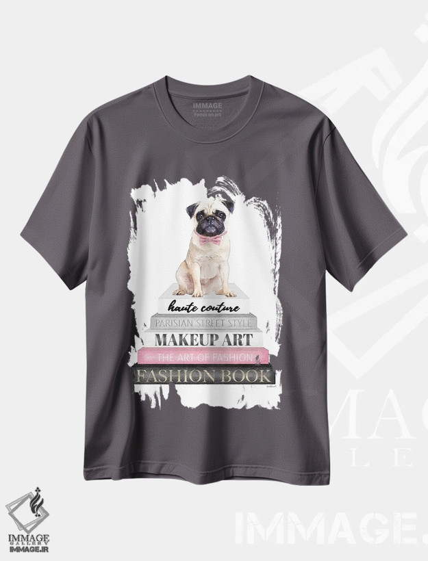 تیشرت طوسی طرح دار Pug With Bow Tie,کتاب های خاکستری با صورتی و سگ پاگ با پاپیون اثر آماندا گرینوود
