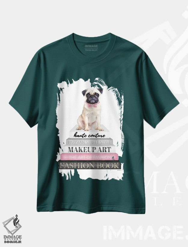 تیشرت سبز طرح دار Pug With Bow Tie,کتاب های خاکستری با صورتی و سگ پاگ با پاپیون اثر آماندا گرینوود