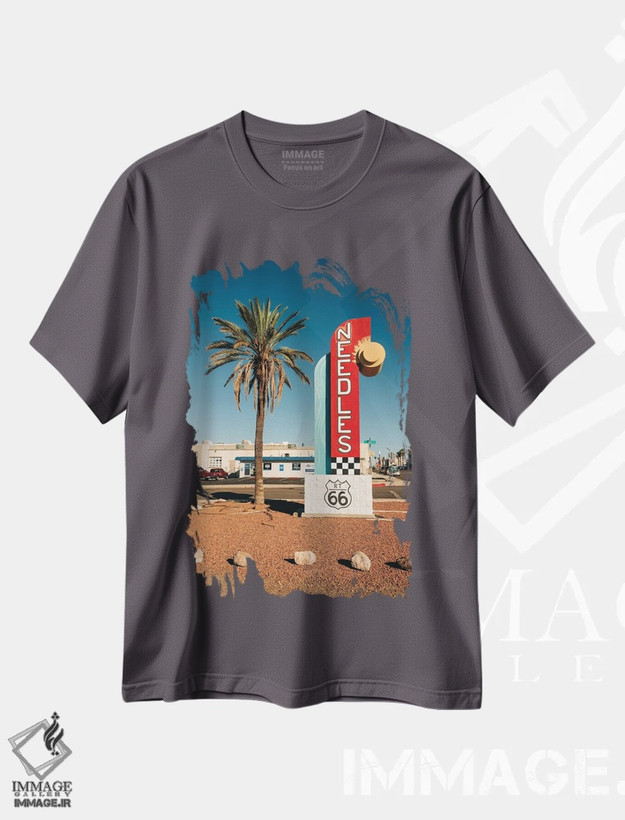 تیشرت طوسی طرح دار Route 66,نیدلز، جاده ۶۶ اثر جان بیلوس
