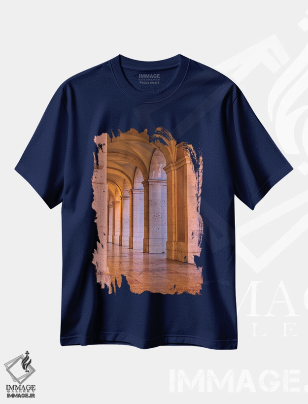 تیشرت سرمه ای طرح دار Lisbon. Columns Of The Arcade Of Commerce Square With Evening Light.,پرتغال، لیسبون. ستون های طاق میدان تجارت در نور غروب اثر جولی اگِرز