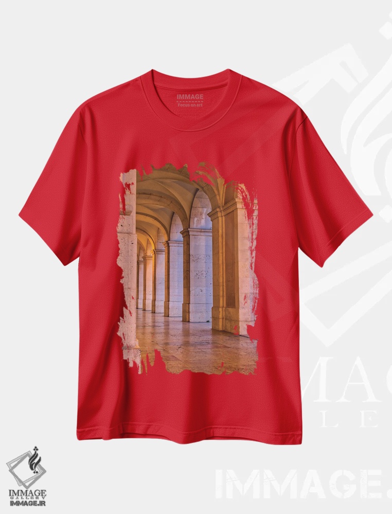تیشرت قرمز طرح دار Lisbon. Columns Of The Arcade Of Commerce Square With Evening Light.,پرتغال، لیسبون. ستون های طاق میدان تجارت در نور غروب اثر جولی اگِرز