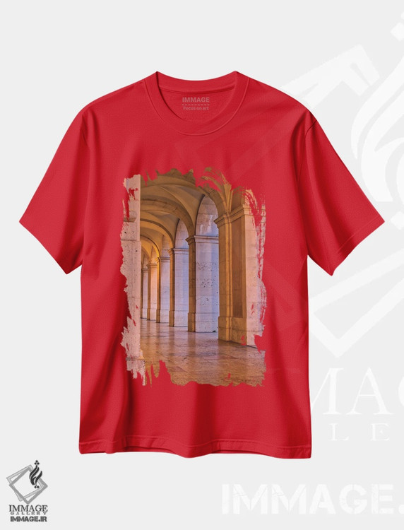 تیشرت قرمز طرح دار Lisbon. Columns Of The Arcade Of Commerce Square With Evening Light.,پرتغال، لیسبون. ستون های طاق میدان تجارت در نور غروب اثر جولی اگِرز