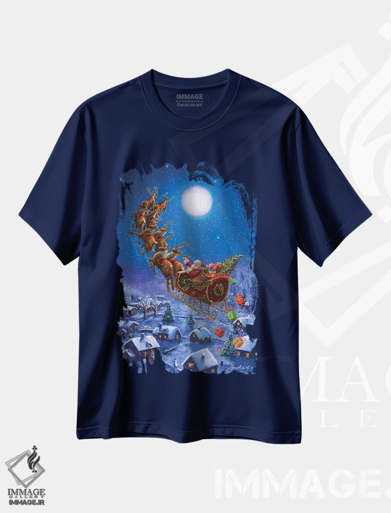 تیشرت سرمه ای طرح دار بابانوئل در حال پرواز اثر علی کورتی
