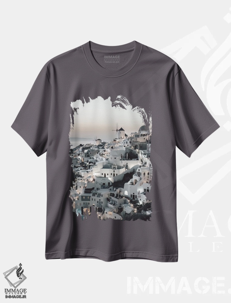 تیشرت طوسی طرح دار Santorini,غروب در اویا، سانتورینی اثر بلا ایو