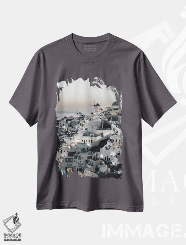 تیشرت طوسی طرح دار Santorini,غروب در اویا، سانتورینی اثر بلا ایو