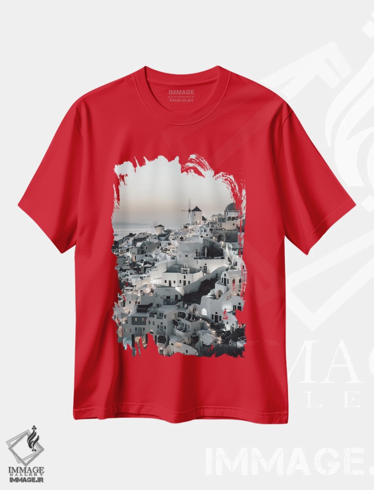 تیشرت قرمز طرح دار Santorini,غروب در اویا، سانتورینی اثر بلا ایو
