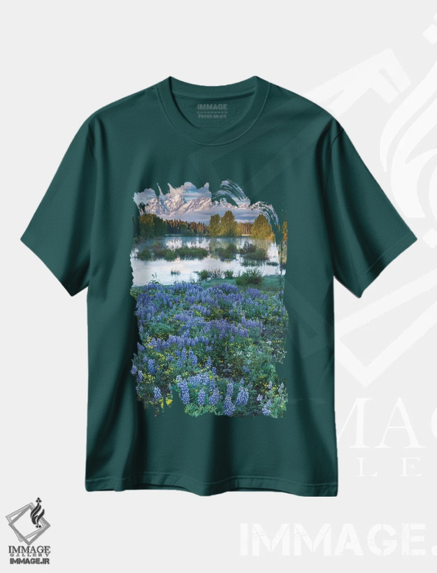 تیشرت سبز طرح دار Wyoming. Grand Teton National Park, Tetons, flowers foreground,آمریکا، وایومینگ، پارک ملی گرند تتون، کوه های تتون، گل ها در پیش زمینه اثر جورج تئودور