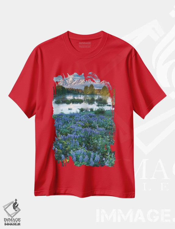 تیشرت قرمز طرح دار Wyoming. Grand Teton National Park, Tetons, flowers foreground,آمریکا، وایومینگ، پارک ملی گرند تتون، کوه های تتون، گل ها در پیش زمینه اثر جورج تئودور