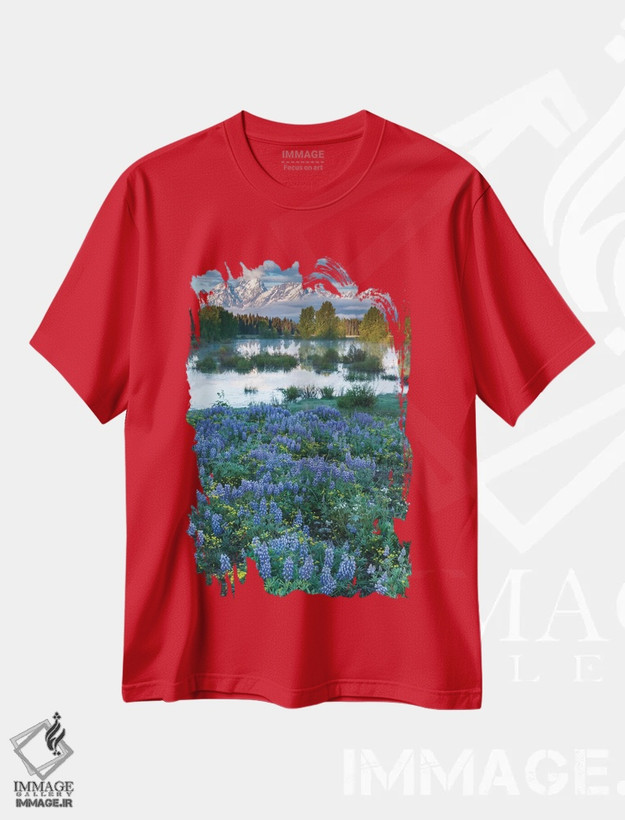 تیشرت قرمز طرح دار Wyoming. Grand Teton National Park, Tetons, flowers foreground,آمریکا، وایومینگ، پارک ملی گرند تتون، کوه های تتون، گل ها در پیش زمینه اثر جورج تئودور