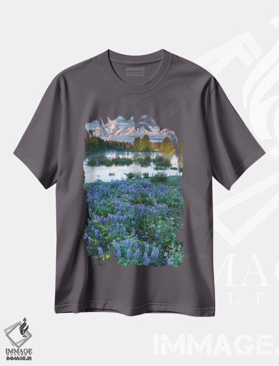 تیشرت طوسی طرح دار Wyoming. Grand Teton National Park, Tetons, flowers foreground,آمریکا، وایومینگ، پارک ملی گرند تتون، کوه های تتون، گل ها در پیش زمینه اثر جورج تئودور