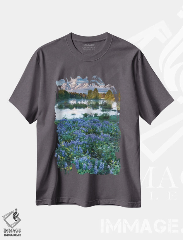 تیشرت طوسی طرح دار Wyoming. Grand Teton National Park, Tetons, flowers foreground,آمریکا، وایومینگ، پارک ملی گرند تتون، کوه های تتون، گل ها در پیش زمینه اثر جورج تئودور