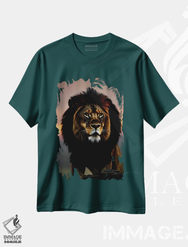 تیشرت سبز طرح دار Animal,پرتره شیر در غروب خورشید اثر آدریان ویریو