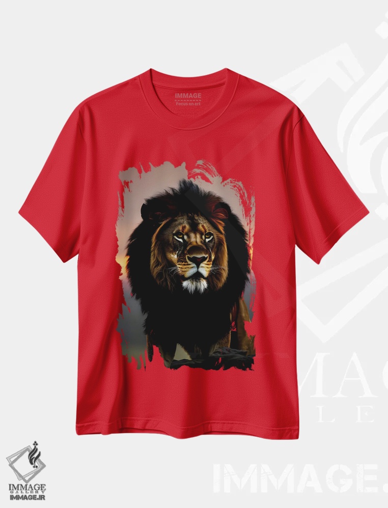تیشرت قرمز طرح دار Animal,پرتره شیر در غروب خورشید اثر آدریان ویریو