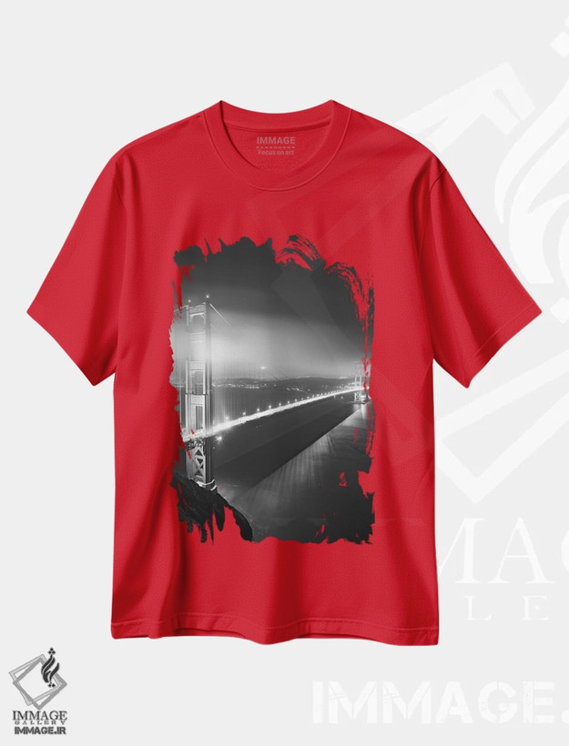 تیشرت قرمز طرح دار California, San Francisco. Black And White Of Golden Gate Bridge At Night.,آمریکا، کالیفرنیا، سان فرانسیسکو. تصویر سیاه و سفید از پل گلدن گیت در شب اثر جینز گالری