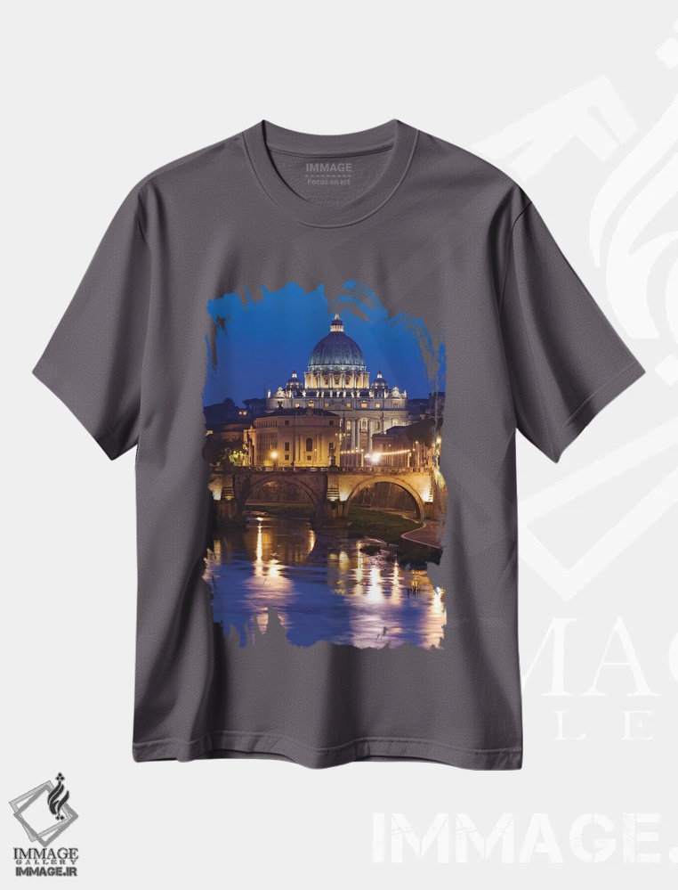 تیشرت طوسی طرح دار Rome, St. Peters Basilica, Tiber River night scene.,ایتالیا، رم، کلیسای سنت پیتر، منظره شبانه رود تیبر اثر جینز گالری