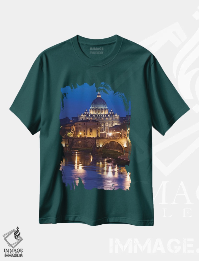 تیشرت سبز طرح دار Rome, St. Peters Basilica, Tiber River night scene.,ایتالیا، رم، کلیسای سنت پیتر، منظره شبانه رود تیبر اثر جینز گالری