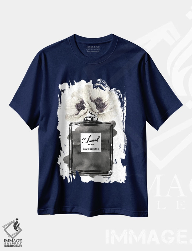 تیشرت سرمه ای طرح دار Black With Grey & White Poppy,بطری عطر مشکی با شقایق خاکستری و سفید اثر آماندا گرینوود