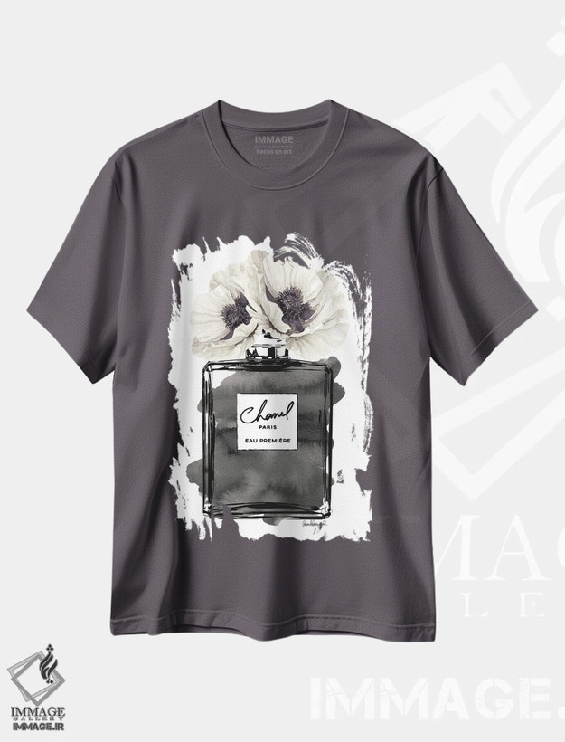 تیشرت طوسی طرح دار Black With Grey & White Poppy,بطری عطر مشکی با شقایق خاکستری و سفید اثر آماندا گرینوود