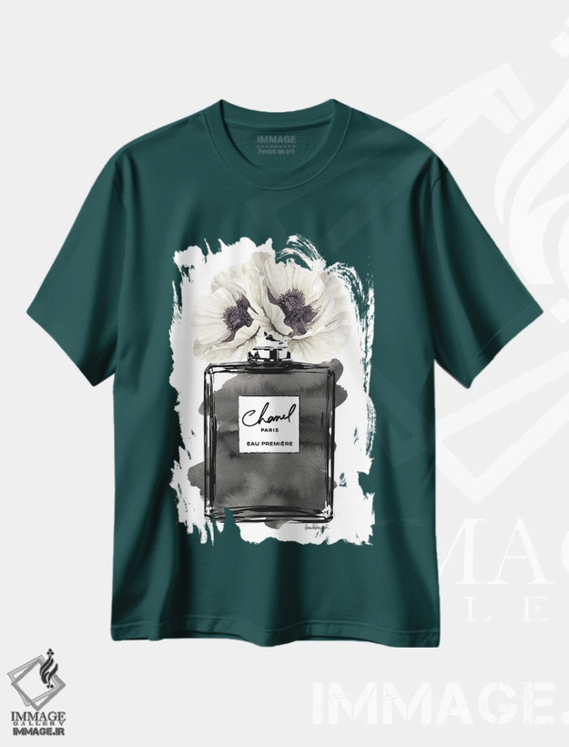 تیشرت سبز طرح دار Black With Grey & White Poppy,بطری عطر مشکی با شقایق خاکستری و سفید اثر آماندا گرینوود