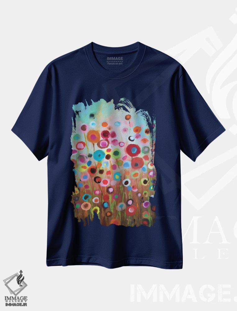 تیشرت سرمه ای طرح دار باغ شاد V اثر آنجِل استوز
