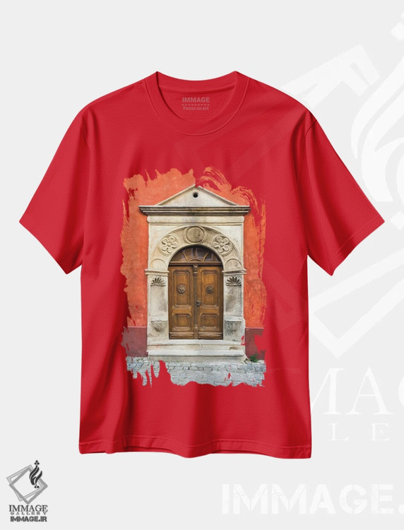 تیشرت قرمز طرح دار Cesky Krumlov. Ornate Doors And Arch.,جمهوری چک، چسکی کروملوف. درهای تزئینی و طاق اثر جینز گالری