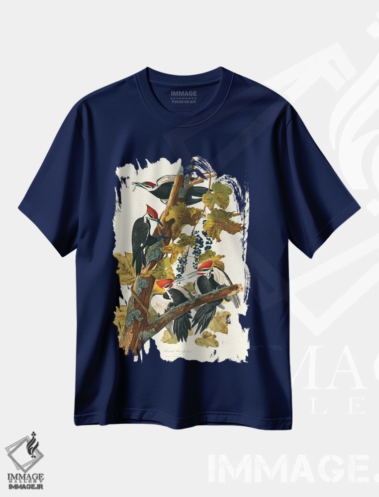 تیشرت سرمه ای طرح دار Birds Of America),دارکوب کله سرخ اثر جان جیمز آدوبون