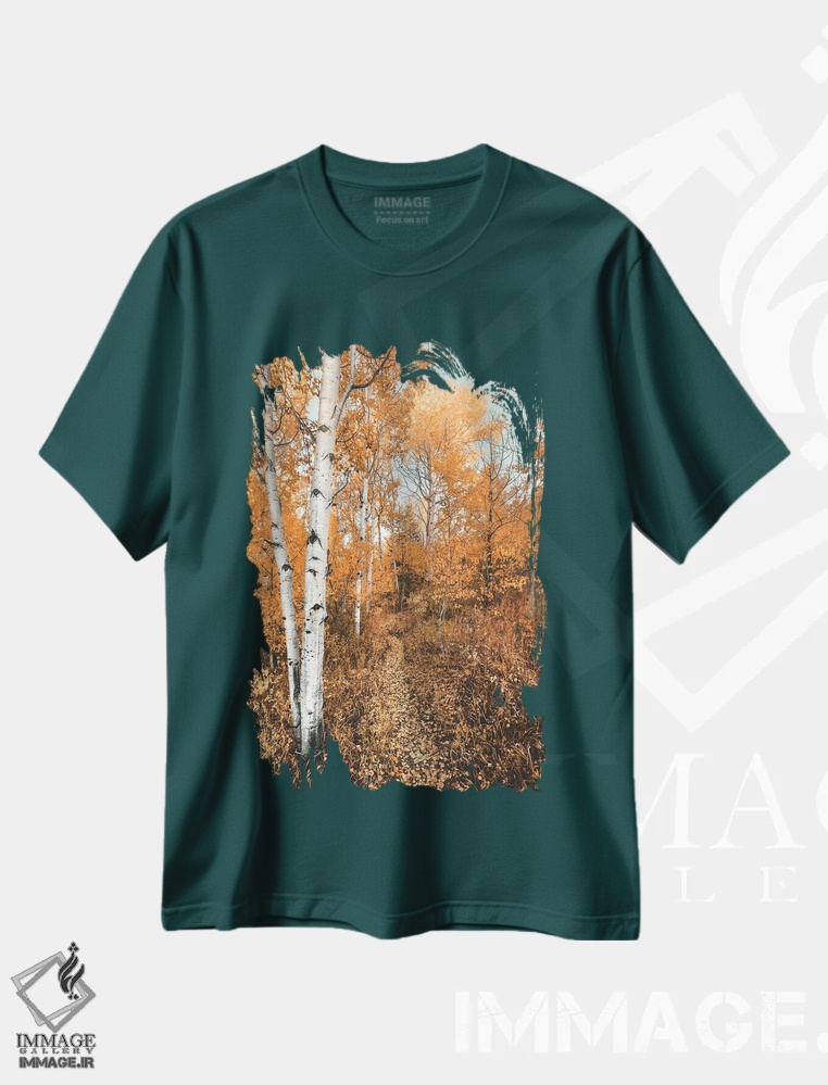 تیشرت سبز طرح پاییزی ,مسیر جنگلی پاییزی با درختان آسپن و برگ های نارنجی در پارک ملی گرند تتون اثر نیچر مجیک