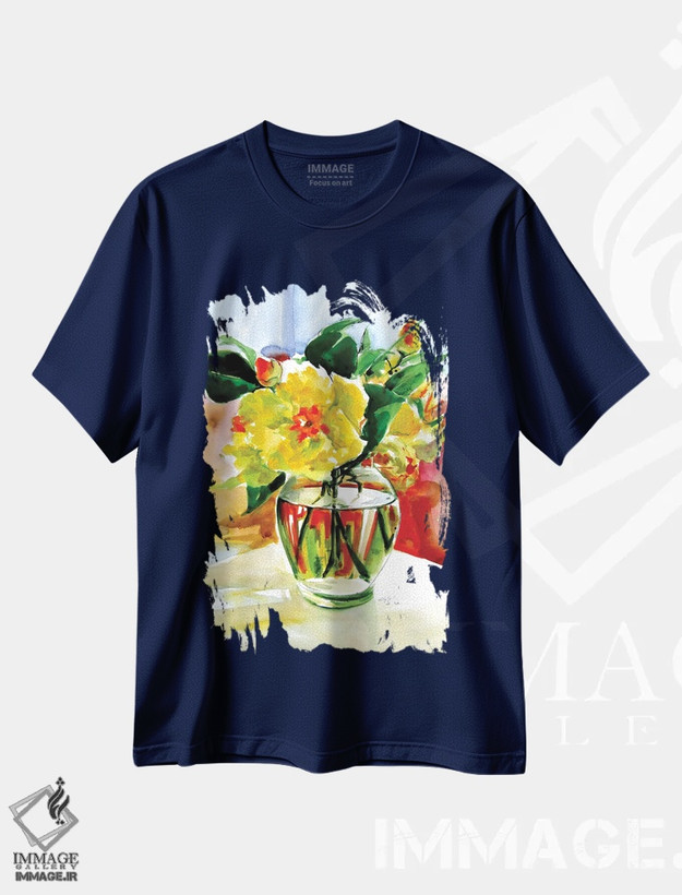 تیشرت سرمه ای طرح دار طبیعت بی جان با گل های زرد اثر آنا بریجیتا کوواچ