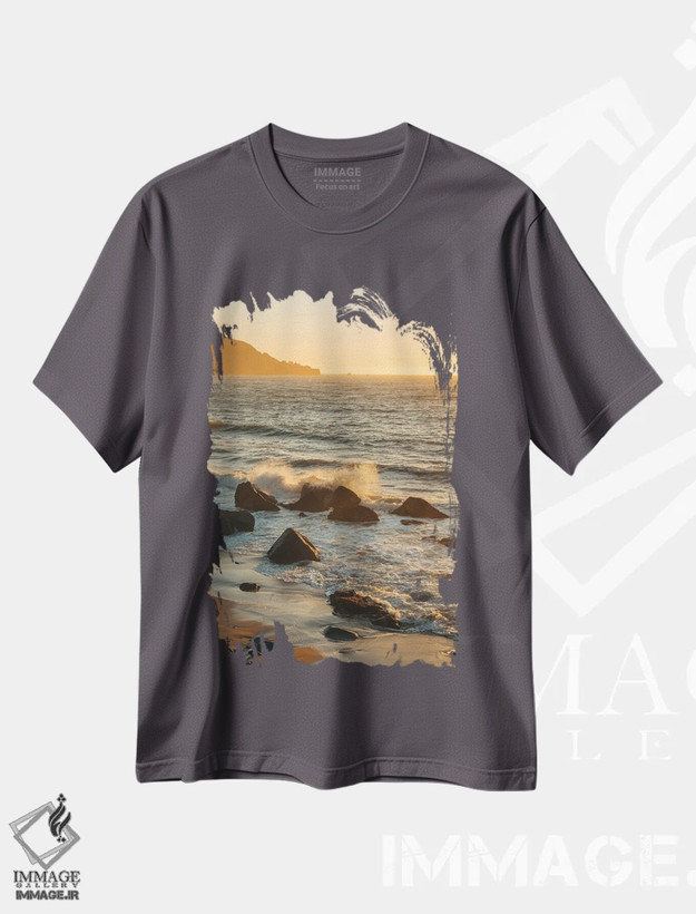 تیشرت طوسی طرح دار Marshall Beach,برخورد امواج، ساحل مارشال اثر جان بیلوس